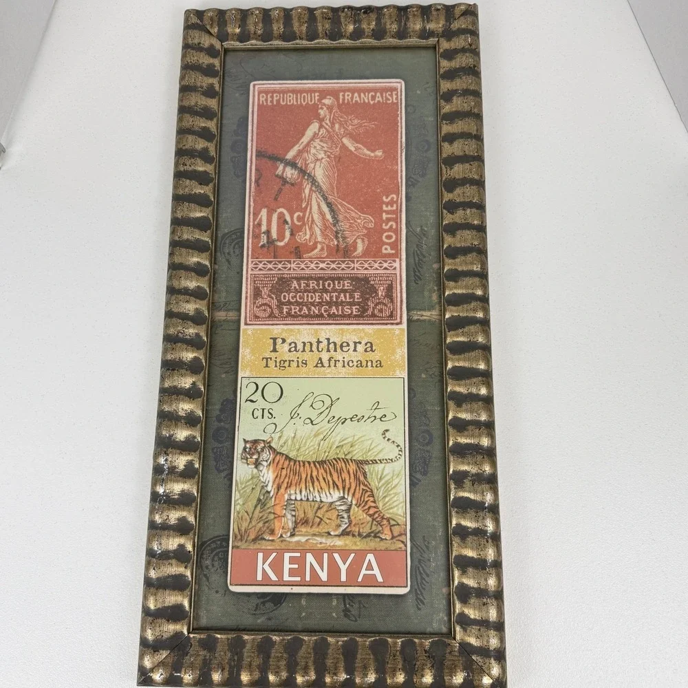 Vintage Tiger Stamp Collage Framed Art Safari Global World Travel Wall‎ Decor